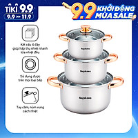 Bộ 3 nồi inox 4 đáy Nagakawa NAG1306 (16cm, 20cm, 24cm) - Quai mạ vàng - Dùng trên mọi loại bếp - Hàng Chính Hãng