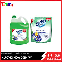 COMBO tiết kiệm nước lau sàn Sunlight Hương hoa diên vỹ Can 3.8kg và Túi đại 2.6kg