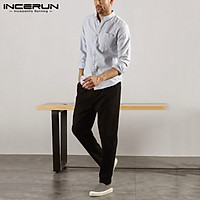 INCERUN Mens Long Sleeve Shirt Striped Button Up Business Work Smart Formal Plain Top