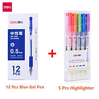 Deli Writing Pen Tool Set 12pcs/Set Blue Red Black Ink Gel Pen 5pcs Double Head Color Highlighter 0.5mm Smooth Writing Pens Colored Graffiti Fluorescence Markers Office Student Portable Marking Pen Stationery Supplies
