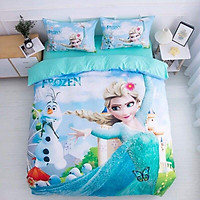 Bộ Chăn Ga Gối Cotton Magic Hoạt Hình 3D Công Chúa Elsa và Người Tuyết