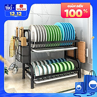 Kệ chén bát đĩa 2 tầng INOX 304 cao cấp sơn đen tĩnh điện kèm khay ráo nước VANDO, giá kệ úp bát khô ráo trên bàn bếp gọn gàng, sạch sẽ, kệ đa năng tiết kiệm không gian