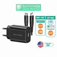 Combo Củ Sạc Nhanh 25W Type C PD 3.0 & QC 3.0 RAVPower RP-PC156-B và Cáp Type C to C 60W Dài 1M RP-CB047-B - Hàng Chính Hãng