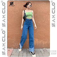 Quần bò Baggy denim Jeans nữ SAM CLO dáng suông ulzzang ống rộng lưng ôm cạp cao màu trơn CODE 3059