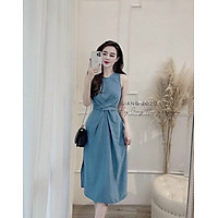 váy suông - đầm suông nữ dáng dài xoắn eo buộc dây sau màu xanh