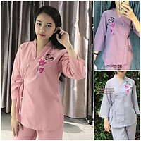 Bộ đồ lam cài chéo Nhật vẽ thư pháp - Quần áo Phật tử thời trang đi lễ chùa