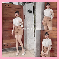 Set đồ nữ xinh gồm áo sơ mi trắng cổ trụ và quần short nâu kèm đai eo trẻ trung, set bộ trang phục nữ trẻ trung sang trọng