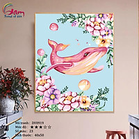 Tranh tự tô màu theo số sơn dầu số hóa Tranh cá voi và hoa hồi sinh DV0919