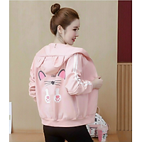 Áo khoác nữ phối 2 sọc tay in mặt mèo nữ tính - HỒNG