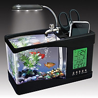 Bể cá mini Nhà của Mẹ để bàn làm việc tích hợp đèn led, màn hình LCD, ngăn để đồ, tặng kèm tiểu cảnh, kích thước 24 x 20 x 10 cm