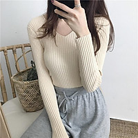 Áo len nữ dài tay cổ V dáng body, vải gân sọc LN01
