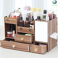 Kệ đựng mỹ phẩm, đồ trang điểm để bàn có ngăn kéo kèm gương nhỏ, màu gỗ nâu+ Tặng kèm dụng cụ làm tóc 4 món, màu ngẫu nhiên