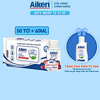 Khăn Ướt Sạch Khuẩn Aiken Chiết Xuất Trà Xanh 50 tờ - Tặng Gel rửa tay 60ml