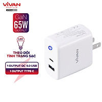 Củ Sạc Siêu Nhanh Công Suất 65W 2 Cổng Type C PD 3.0 & USB QC 4.0 VIVAN GaN02 Có Đèn LED Báo Sạc - HÀNG CHÍNH HÃNG