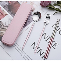 Bộ Đũa Thìa Dĩa Inox, Hộp Đựng Lúa Mạch, Nhiều Màu Lựa Chọn, Tặng Kèm Ống Hút Tre