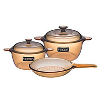 Bộ Nồi Thủy Tinh 2 Nồi, 2 Nắp & 1 Chảo Tay Cầm Visions VS-350