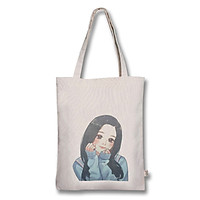 Túi tote thời trang Covi in hình cô gái mặc áo len vải mộc canvas