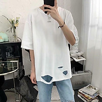 2 color【M-5XL】Fashion Breathable hole Short sleeve T-shirt Men Personality student short T-shirt unisex T-shirt Summer new style Oversize