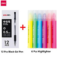 Deli 0.5mm Black/Blue/Red Ink Gel Pen And 6color Highlighter Set Portable Study Exam Sign Pen Bussiness Office Note Neutral Pen Triangle Pen-holder DIY Marking Fluorescent Marker Eye-protection Colored Markers Pen