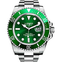 LOREO Mens Automatic Watch Silver Stainless Steel Sapphire Crystal Green Rotating Bezel Analog Watches