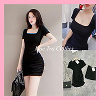 Váy body đen cổ vuông thiết kế nhúm dáng ngắn cộc tay tôn dáng, Đầm ôm nữ dự tiệc tay ngắn rẻ đẹp thích hợp đi dạo đi chơi