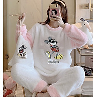 Bộ mặc nhà nữ, bộ ngủ nữ hình chuột Mickey lông 2 mặt kèm túi đựng xinh xắn