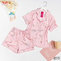 VINGO Bộ Đồ Mặc Nhà Nữ Kiểu Dáng Pyjama Chất Liệu Lụa Pháp Cao Cấp Tay Cộc Quần Cộc Họa Tiết Hồng Phấn H373 VNGO