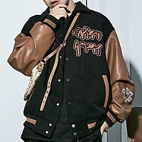 Áo Khoác Bomber Unisex Nam Nữ Da Lộn Tay Phối Da In Chữ Cúc Bấm G128