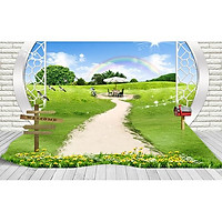 Tranh dán tường 3D cửa sổ con đường - vải lụa phủ kim sa