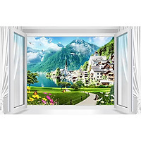Tranh dán tường 3D cửa sổ con đường rừng núi - vải lụa phủ kim sa