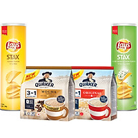 Combo Cho Cả Nhà: Yến mạch Quaker 3in1 Vị Mocha 336g, Truyền Thống 420g & Lay's Stax Khoai Tây Miếng Vị Tự Nhiên 160g, Lay's Stax Khoai Tây Miếng Vị Kem Chua Hành 160g
