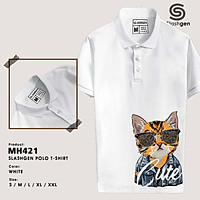 Áo Polo Nam MH421 Mèo Da Cam Đeo Kính Da Hổ Cute Đuôi Áo Mặt Trước Bên Trái 100% Cotton