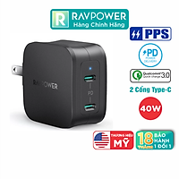 Adapter Củ Sạc 40W 2 Cổng Type C PD 3.0 & QC 3.0 Nhỏ Gọn RAVPower RP-PC152 - Hàng Chính Hãng
