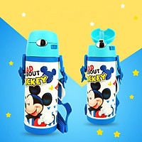 Bình nước giữ nhiệt có ống hút hình chuột Mickey vạch thẳng đứng màu xanh cho trẻ em, các bé, học sinh - (400ml) - WD-3424MK2