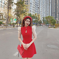 Đầm tết đỏ khoét ngực tay voan thời trang xuân 2022