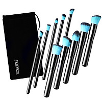 10 Pcs Makeup Brush Set Professional Wood Handle Kabuki Foundation Blending Blush Concealer Eye Face Liquid Powder Cream Cosmetics Lip Brush Tool Brushes Kit with Zipper Bag Black