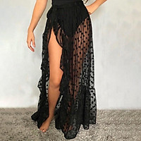 Sexy Women Mesh Sheer Cover Up Sunscreen Wrap Skirt Solid Color Polka Dot Ruffles High Waist Split Skirt