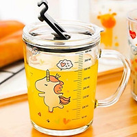 Ly Thủy Tinh chia vạch có quai cầm 400ml có nắp chống tràn + kèm tặng ống hút