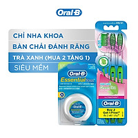 Combo Chăm Sóc Răng Miệng Toàn Diện (Vỉ 3 Bàn Chải Đánh Răng Oral-B Trà Xanh (Mua 2 Tặng 1) + Chỉ Nha Khoa Oral-B Essential Mint (Hộp 50m)
