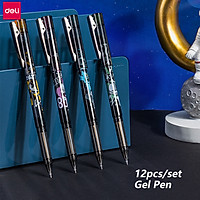 Deli Gel Pen Set With Cool Pattern Design Neutral Pen 0.5mm Black Ink Business Signature Pen Metal Anti-fall Clip Full Needle Tube Smooth Writing Pens Student Exam Pen School Office Tungsten Carbide Ball Pen Writing Stationery Supplies