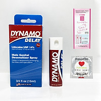 Dynamo Delay Plus 15ml Chai Xịt Kéo Dài Thời Gian Yêu Chống Xuất Tinh Sớm Cho Nam (Mẫu Mới - 14% Lidocaine) + Bao Cao Su Masculan 1 Chiếc Và Gel Gói Jex Nhật Bản - Hàng Chính Hãng 100% - Che Tên Sản Phẩm