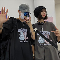 【COD】 Couples T-shirt Cartoon Bear Pattern Letters Printed Top Crew-neck Short-sleeved Short Breathable Loose Shirt For Daily Activities