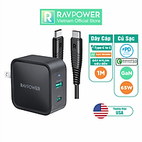 Combo Củ Sạc Nhanh GaN RAVPower Type C PD 65W RP-PC133 Và Cáp Type C to C 1M 60W RP-CB047 - Hàng Chính Hãng