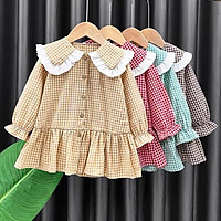 Đầm bé gái kẻ carro,phối bèo gấu B-A-M STORE