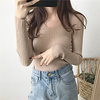 áo len dệt kim nữ cổ V dài tay kẻ sọc theo phong cách Hàn Quốc thiết kế nhẹ nhàng(4 màu hồng kem xám nâu)