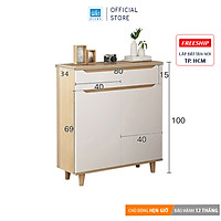 Tủ Gỗ Để Giày Thiết Kế Hiện Đại Chân Gỗ Tự Nhiên, Hệ Cánh Và Ngăn Kéo Tay Nắm Cách Điệu Thương Hiệu SIB Decor