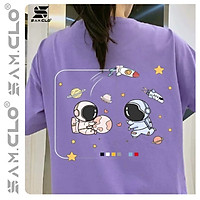 Áo thun tay lỡ nữ SAM CLO freesize phông form rộng dáng Unisex, mặc lớp, nhóm, cặp in hình HÀNH TINH TÊN LỬA HAI PHG màu tím
