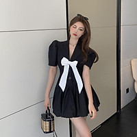 Váy nữ cổ vest thiết kế kèm nơ tay phồng dáng xòe, Đầm thời trang công sở cao cấp dự tiệc sang trọng V115
