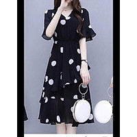Đầm suông chít eo chất voan lụa chấm bi bự