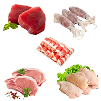 Combo 89: 500gr Cá ngừ cắt lát + 1kg Mực trứng làm sạch + 500gr Ba chỉ bò Mỹ cuộn + 1kg Cốt lết heo + 1kg Cánh gà khúc giữa
